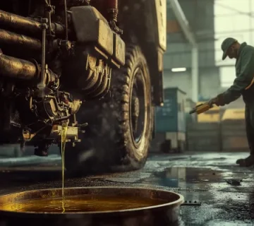 روغن موتور تخلیهشده روی زمین کارگاه، با نمایی از تکنسین در پسزمینه که در حال بررسی وضعیت فنی خودرو است؛ صحنهای از فرایند سرویس موتور در محیط صنعتی.