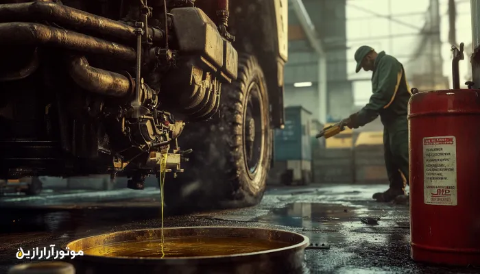 روغن موتور تخلیه‌شده روی زمین کارگاه، با نمایی از تکنسین در پس‌زمینه که در حال بررسی وضعیت فنی خودرو است؛ صحنه‌ای از فرایند سرویس موتور در محیط صنعتی.