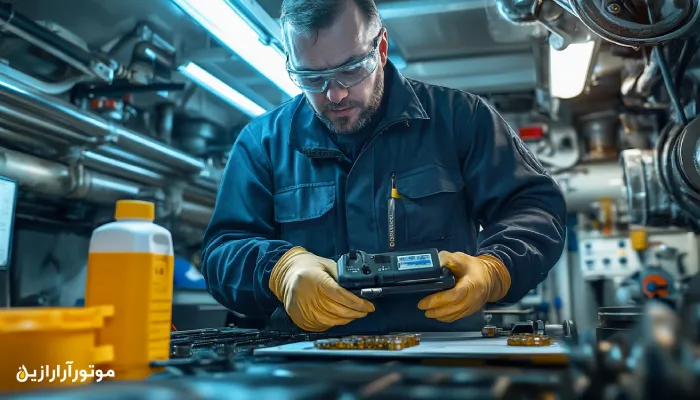 تکنسین دریایی در موتورخانه یک شناور پرسرعت در حال بررسی کیفیت روغن موتور با ویسکوزیمتر