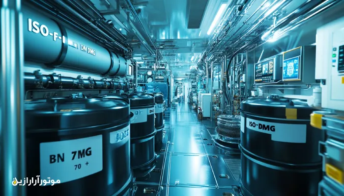 تصویری از اتاق موتور پیشرفته یک کشتی تجاری، شامل بشکه‌های روغن صنعتی با برچسب‌های مشخص ISO-F-DMG و BN 70+