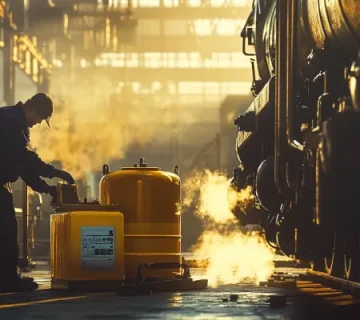 تکنسین فنی در حال بررسی و تعویض روغن موتور یک لوکوموتیو دیزلی در کارگاه تعمیرات صنعتی