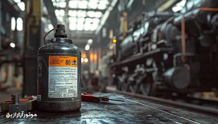 ظرف روغن موتور مخصوص لوکوموتیو در پیشزمینه، با نمایی از یک لوکوموتیو دیزلی در پسزمینه کارگاه تعمیرات