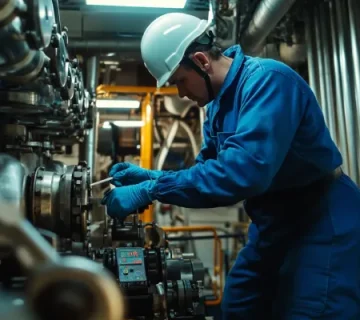 تصویر موتورخانه یک کشتی دریایی با تکنسینی که در حال بررسی سیستم روغن موتور