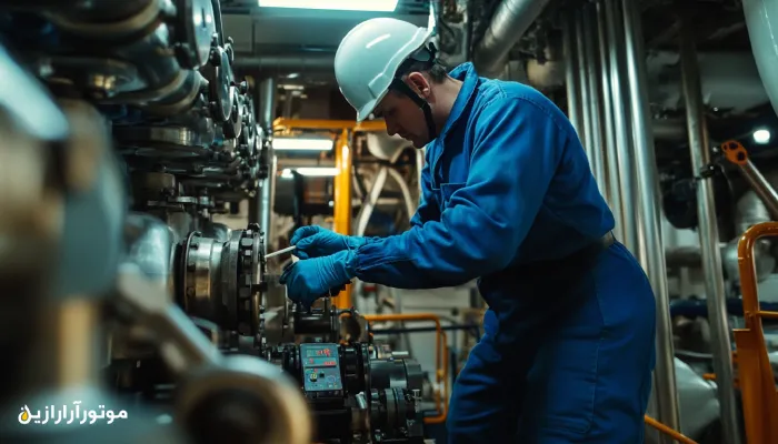 تصویر موتورخانه یک کشتی دریایی با تکنسینی که در حال بررسی سیستم روغن موتور