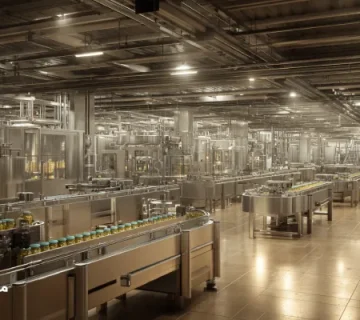 نمایی از خط تولید تمام‌اتوماتیک کنسرو خیارشور در کارخانه‌ای مدرن با ماشین‌آلات استیل و محیطی کاملاً تمیز و مرتب. نورپردازی با تُن زرد گرم، حس بهداشتی و حرفه‌ای را القا می‌کند. هیچ کارگری در تصویر دیده نمی‌شود.