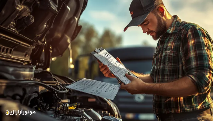 تکنسین کامیون در حال بررسی روغن موتور با چک‌لیست پیش از آغاز سفر بین‌شهری