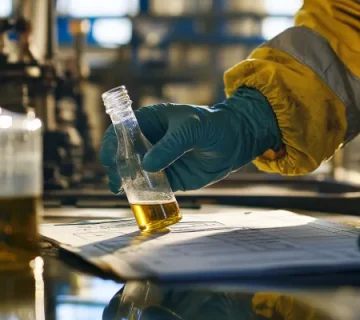 فنی‌کار در حال نمونه‌برداری دقیق روغن از دستگاه صنعتی.