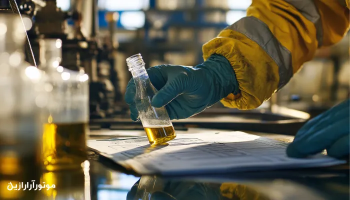 فنی‌کار در حال نمونه‌برداری دقیق روغن از دستگاه صنعتی.