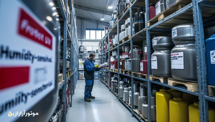 انبار نگهداری روانکارهای هوایی با ظروف منظم و برچسبدار روغنهای مخصوص موتورهای توربینی و پیستونی، همراه با پایش دقیق دما و رطوبت توسط تکنسین متخصص.