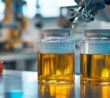 نمای نزدیک از مقایسه روغن موتور هواپیما برای موتورهای پیستونی و توربینی روی میز سرویس، با حضور تکنسین و ابزار آزمایش ویسکوزیته.