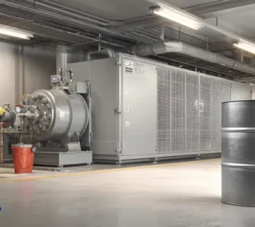 تصویر کمپرسور سردخانه با تکنسین در حال بررسی سطح روغن سنتتیک کمپرسور با برچسب برند پترونول – نشان‌دهنده کیفیت روغن کمپرسور و نقش آن در کاهش یخ‌زدگی تجهیزات برودتی