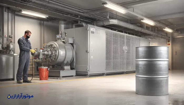 تصویر کمپرسور سردخانه با تکنسین در حال بررسی سطح روغن سنتتیک کمپرسور با برچسب برند پترونول – نشان‌دهنده کیفیت روغن کمپرسور و نقش آن در کاهش یخ‌زدگی تجهیزات برودتی