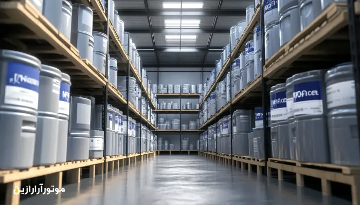 انبار صنعتی با قفسههایی از بشکههای روانکار بهداشتی دارای برچسب استاندارد NSF مخصوص کارخانههای مواد غذایی، چیدمان منظم و محیط تمیز