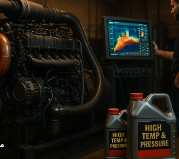 موتور دیزلی تحت تست فشار با ظرف روغن مخصوص دمای بالا و تکنسین پای مانیتور تشخیص حرارتی.