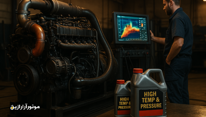موتور دیزلی تحت تست فشار با ظرف روغن مخصوص دمای بالا و تکنسین پای مانیتور تشخیص حرارتی.