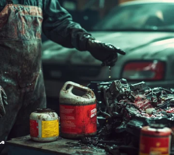 تصویری واقع‌گرایانه از تعمیرگاه خودرو با تعمیرکاری که به آسیب موتور ناشی از روغن نامناسب اشاره می‌کند