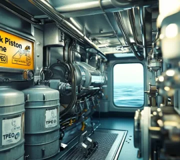 تصویری از اتاق موتور یک کشتی کوچک با نمای واضح از بشکه‌های روغن ترانک پیستون