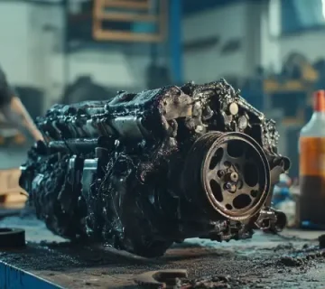 موتور خودرو با لجن سوخته ناشی از روغن بی‌کیفیت روی میز تعمیرگاه