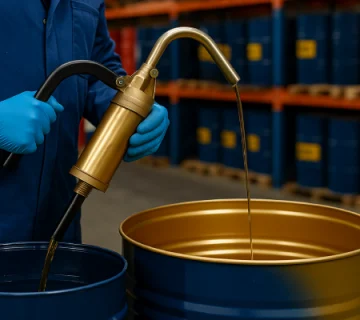 کارگر در حال بررسی وضعیت روانکارها در انبار کارخانه صنعتی