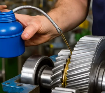 نمای نزدیک از چرخ‌دنده‌های صنعتی در حال کار با روغن‌کاری دقیق