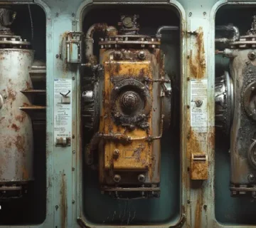 تصویر فنی واقعی با نمایش سه وضعیت خرابی در موتور دیزل دریایی: خوردگی سیلندر به دلیل روغن با TBN پایین، گرفتگی فیلتر و داغ شدن یاتاقان‌ها به علت استفاده از روغن نامناسب، و آسیب ناشی از روغن تقلبی؛ با پس‌زمینه برش‌خورده موتور کراس‌هد