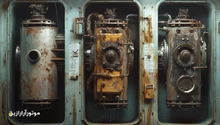 تصویر فنی واقعی با نمایش سه وضعیت خرابی در موتور دیزل دریایی: خوردگی سیلندر به دلیل روغن با TBN پایین، گرفتگی فیلتر و داغ شدن یاتاقان‌ها به علت استفاده از روغن نامناسب، و آسیب ناشی از روغن تقلبی؛ با پس‌زمینه برش‌خورده موتور کراس‌هد