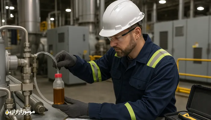تکنسین نیروگاه در حال نمونه‌گیری روغن از سیستم روانکاری توربین در محیط صنعتی مدرن