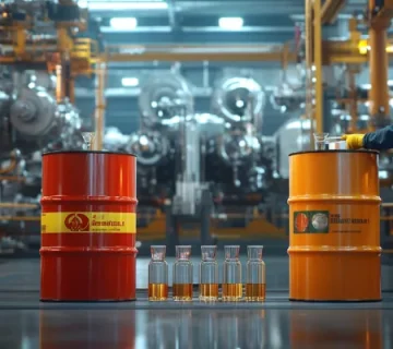 مقایسه بصری بین بشکه‌های روغن برندهای ایرانول، بهران و شل در یک محیط صنعتی