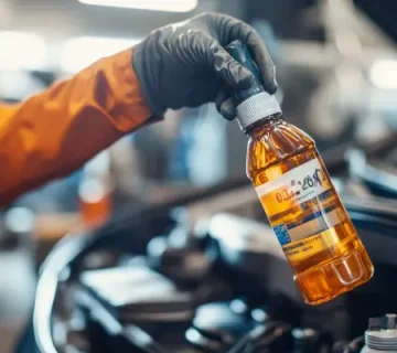 مکانیکی در حال نگه داشتن بطری روغن موتور با برچسب گرید 0W-20 در نزدیکی موتور خودرو برای بررسی مصرف بهینه سوخت
