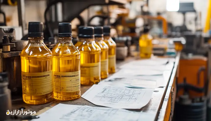 بطریهای روغن موتور با گرانروی پایین و مشخصات فنی روی میز کار در تعمیرگاه خودرو، در کنار نقشههای مهندسی و مشخصات فنی موتور