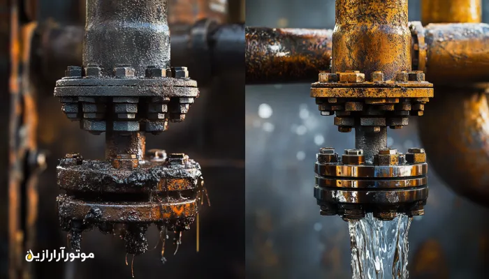 مقایسه روانکار تخصصی و عمومی؛ سمت چپ روانکار عمومی با سایش و کاهش عملکرد، سمت راست روانکار تخصصی با حفظ کارایی و محافظت بهتر.