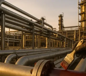 نمایی از خطوط فلزی و شیرآلات پالایشگاه با پوشش روغن ضد زنگ برای جلوگیری از خوردگی