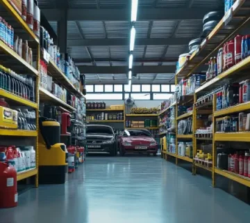 نمایی از فروشگاه لوازم خودرو با قفسه‌هایی پر از روغن‌های موتور برندهای ایرانی و خارجی در کنار خودروهای داخلی و وارداتی