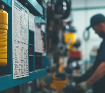 برگه راهنمای گرید روغن موتور نصب‌شده روی دیوار در کنار بطری‌های روغن و یک مکانیک در حال فعالیت در تعمیرگاه