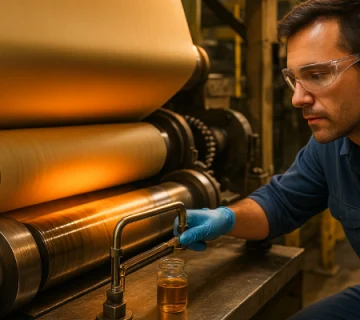 نمونه‌برداری از روغن صنعتی در آزمایشگاه تخصصی برای بررسی شاخص اکسیداسیون در تجهیزات صنایع کاغذ