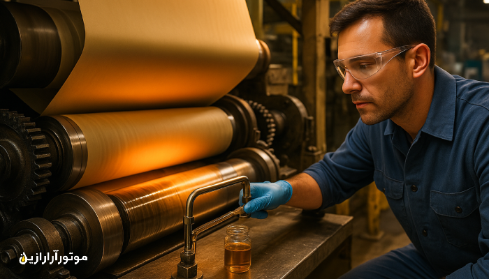 نمونه‌برداری از روغن صنعتی در آزمایشگاه تخصصی برای بررسی شاخص اکسیداسیون در تجهیزات صنایع کاغذ