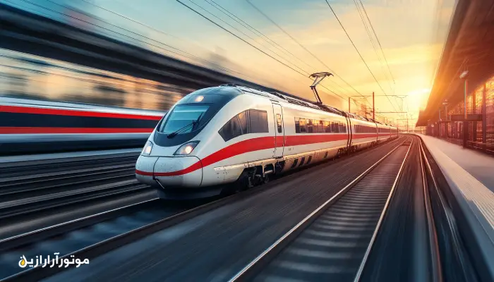 قطار سریع‌السیر برقی با طراحی مدرن در حال حرکت در مسیر ریلی هنگام غروب، نماد کارایی سیستم رانش و نیاز به روغن گیربکس تخصصی در صنعت ریلی