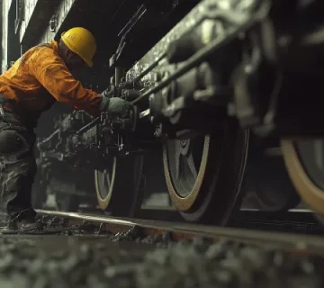 تکنسین راه‌آهن در حال روانکاری و بازرسی چرخ‌های لوکوموتیو در شرایط کاری سنگین – محیط صنعتی مرطوب و عملکرد مستقیم بر روی سامانه تعلیق ریلی