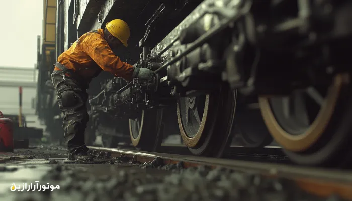 تکنسین راه‌آهن در حال روانکاری و بازرسی چرخ‌های لوکوموتیو در شرایط کاری سنگین – محیط صنعتی مرطوب و عملکرد مستقیم بر روی سامانه تعلیق ریلی