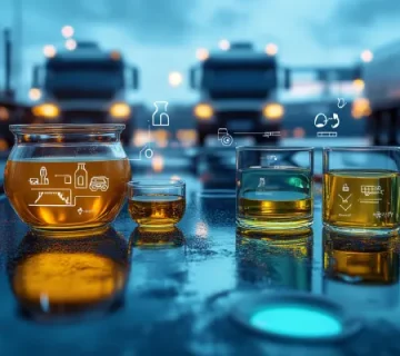 مقایسه بصری روغن موتور مناسب سنتتیک و مینرال بهصورت کنارهم، همراه با نمونههای روغن و آیکونهای فنی، با پسزمینهای از کامیونهای سنگین در محوطه سرویس