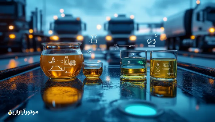مقایسه بصری روغن موتور مناسب سنتتیک و مینرال به‌صورت کنار‌هم، همراه با نمونه‌های روغن و آیکون‌های فنی، با پس‌زمینه‌ای از کامیون‌های سنگین در محوطه سرویس