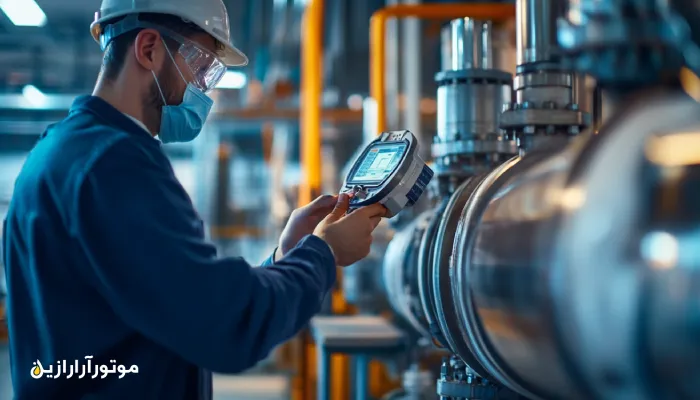 کارشناس در حال نمونهگیری و بررسی کیفیت روغن حرارتی از مبدل حرارتی در یک محیط صنعتی مدرن