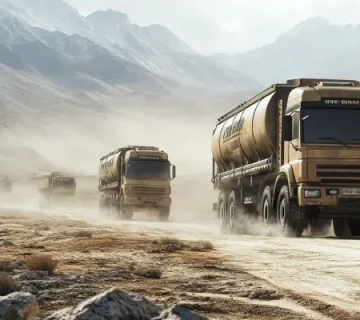 کاروانی از کامیونهای صادراتی سنگین در حال عبور از جادههای کوهستانی و بیابانی تحت شرایط آبوهوایی سخت