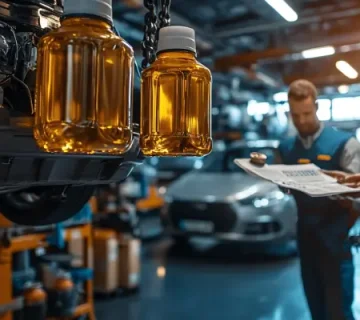 دو مکانیک در حال بررسی مشخصات فنی روغن موتور در کنار خودرو توربوشارژ، با بطری‌های روغن معلق در نمای جلوی تصویر