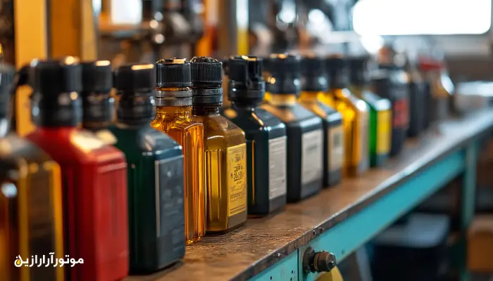 ردیفی از بطریهای روغن موتور در رنگها و گریدهای مختلف، چیده شده روی میز کار در یک تعمیرگاه تخصصی خودرو