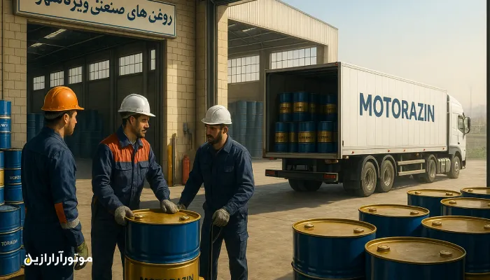 تحویل بشکههای روغن صنعتی توسط کامیون برند موتورازین در انبار صنعتی جنوب تهران، با رعایت استانداردهای ایمنی و فضای شهری آلوده