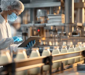 خط تولید لبنیات مدرن و تمیز با دستگاه‌ها و نقاله‌های استیل در حال کار. تکنسین بهداشت با روپوش و تبلت در حال بررسی سطح روانکار دستگاه‌ها است.