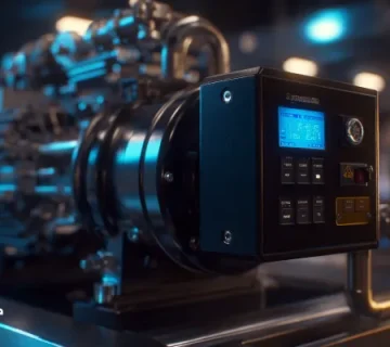 نمای نزدیک از کمپرسور صنعتی در کارخانه بسته‌بندی با لوله‌کشی روغن و پنل کنترلی در حال کار