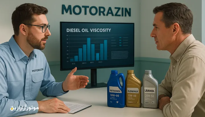 مشاوره تخصصی انتخاب روغن موتور دیزلی توسط مهندس موتورازین در بندرعباس؛ بررسی گراف ویسکوزیته و معرفی محصولات Flowmax، Petronol و Iranol