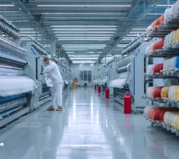 نمای نزدیک از روانکاری دستگاه در کارخانه نساجی با حضور برندهایی مانند بهران، ایرانول و پترونول — کاربرد روانکار صنعتی در خطوط چاپ و نساجی